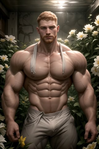 my favorite image of a handsome male miner near flowers, symmetry is excellent, highres image scan,  centrefold, professional  smooth clear clean image, no crop, exceptional well-generated symmetric perfect masculine (lantzer) male miner person, pale ginger short hair, undercut, softglow effect, matte, realistic,photorealistic,Masterpiece