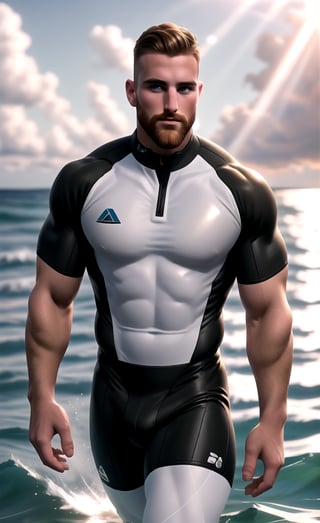 MADDOX IS A MASCULINE SURFERMAN IN FULLy-CLOTHED NEOPRENE SURFERWEAR, handsome,25yearold, tall, muscular neoprene well-clothed full-body male (black and white) neopreneswimsuitsleeveshirtlegging, cross-walking coming from sea, reflective water, soft waves, sun rays, golden hour, gingerbeard, paradise beach with depth of field, colorful cinestill, film grain, realistic,best quality,maddox