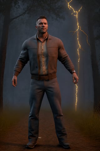 (masterpiece, only realistic, very adequate decent quality:1.3), my favorite image of a professional well-shaped real jovial healthy  happy man standing while roleplaying as masculine handsome (David King from \(Dead by Daylight realistic game\) on road in (DODGE THIS BODY MOVEMENT:1.3) in front of trees, symmetry is excellent, lighting bolts in 16k, bending trees in 8k, glowing wristwatch in 4k, (rendered in ZBrush HIGH), wearing well-rendered fully clothed manlywear, professional smooth clear lean intricate CG unit wallpaper, a digital art thriller movie screencap trending on CGSociety 9, inspired by batman body movement, strong sense of zombie forest and DC Comics,inspired by Arthur Adams, hdr, ((ActionVFX best) HIGH HIGH HIGH), highres image scan, softglow effect, we love veryvibrant matte colors, associated press, centrefold, no crop, ,