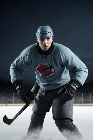 A cinematic close-up shot of a massive, masked male hockey player in full gear, ice skating with reckless abandon across the rink. His hockey mask glints under the bright arena lights as he expertly maneuvers his large, well-shaped skates. The vibrant colors of his uniform pop against the icy blue backdrop. As he plays, his arms and legs move swiftly, exuding a sense of kinetic energy. He grasps a hockey stick tightly, his eyes fixed intently on the puck as it flies across the ice.