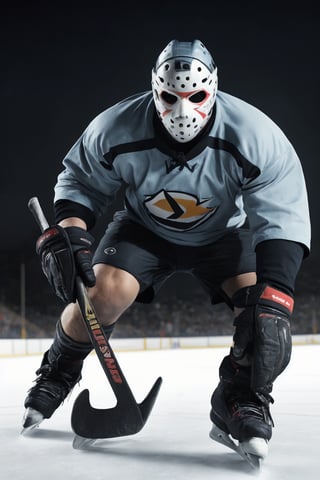 A close-up shot of the towering hockey-masked male player gliding across the ice ring with precision and enthusiasm. The bright, vivid lighting casts a dynamic glow on his fully-clothed hockey attire and well- rendered footwear. As he expertly plays hockey, the camera captures every detail, from the movement of his skates to the grip on his hockey bar. The overall aesthetic is vibrant, realistic, and cinematic, transporting viewers into the heart of the action-packed sport.