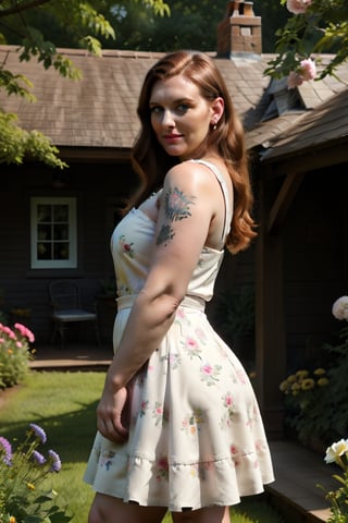 A soft-focused shot captures the intimate moment as the pale fat tattooed beautiful American mother sits in her serene garden cottage. The well-rendered floral dress adorns her plus-size figure, accentuating her beauty. Her medium brown hair falls subtly framing her face as she blushes, feeling shy about her new arm tattoo among her existing ink collection. The pale complexion glows beneath the alluring spring sky, surrounded by lush flowers and a sense of private nature. 