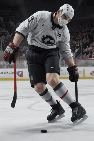 A towering figure in hockey gear dominates the ice ring, enthusiasm radiating from beneath the mask as they skillfully play out a thrilling hockey sequence. Vividly lit, the action unfolds with cinematic realism, showcasing the athlete's well-crafted attire and substantial footwear. With each swift stride, the player's momentum is palpable, their grip on the hockey bar unwavering as they execute precision passes and shots.