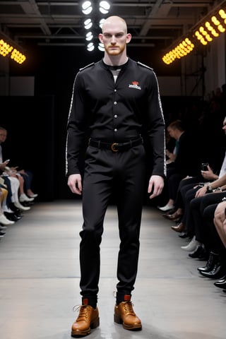 Tall, pale slender male model stands confidently on the catwalk, striking an intense pose. He wears well-rendered post-modern malewear, including bold patterns and textures, paired with statement-making male footwear. His ginger faux-mohawk hairstyle adds a touch of edginess to his overall look. A softglow effect illuminates his features, emphasizing the intricate details of his outfit. The camera captures him in full-height, showcasing his dramatic pose amidst the vibrant atmosphere of the high-fashion show, lantzer