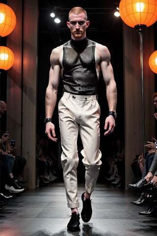 Tall, pale slender male model stands confidently on the catwalk, striking an intense pose. He wears well-rendered post-modern malewear, including bold patterns and textures, paired with statement-making male footwear. His ginger faux-mohawk hairstyle adds a touch of edginess to his overall look. A softglow effect illuminates his features, emphasizing the intricate details of his outfit. The camera captures him in full-height, showcasing his dramatic pose amidst the vibrant atmosphere of the high-fashion show, lantzer