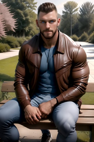 handsome 1boy, mature male, 28yearold, falco, buzz cut, english, sitting on a bench at the park,leather jacket , head and upperbody realistic portrait masterpiece, striking blue eyes, cheekbones, highres image scan, associated press, centrefold, no crop,falko