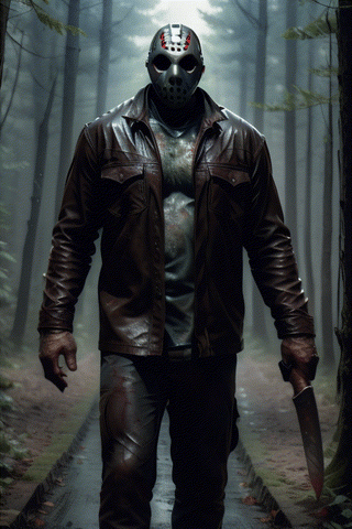 (masterpiece), a (seamless:1.3) GIF animation of jasonmale full leather outfit flowing walking. Flowing hand holding machete. Approaching. Dark forest. 