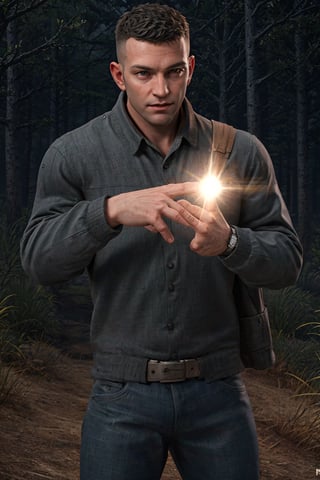 (masterpiece, only realistic, very adequate decent quality:1.3), my favorite image of a professional well-shaped real jovial healthy  happy man standing while roleplaying as masculine handsome (David King from \(Dead by Daylight realistic game\) on road in (DODGE THIS BODY MOVEMENT:1.3) in front of trees, symmetry is excellent, lighting bolts in 16k, bending trees in 8k, glowing wristwatch in 4k, (rendered in ZBrush HIGH), wearing well-rendered fully clothed manlywear, professional smooth clear lean intricate CG unit wallpaper, a digital art thriller movie screencap trending on CGSociety 9, inspired by batman body movement, strong sense of zombie forest and DC Comics,inspired by Arthur Adams, hdr, ((ActionVFX best) HIGH HIGH HIGH), highres image scan, softglow effect, we love veryvibrant matte colors, associated press, centrefold, no crop, , {SURROGATE THE INSANE ACTION DYNAMIC SELECTIVE FOCUS ZAP MOVE WHILE KEEPING PERFECTLY_SHAPED HANDS AND FINGERS PLEASE!}