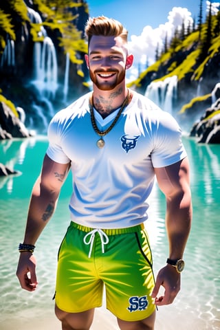 Close-up shot of Lantzer's beaming face, his 30-year-old features radiating joy. Ginger beard and undercut hairstyle frame his prominent cheekbones. Pale complexion glows under the stunning sea and vibrant spring sky in Alaska. Soft-glow effect casts a warm, matte light on his tattooed arm and broad shoulders. Bling-adorned necklace sparkles against the baggy nylon shorts and large male chav jersey. Lantzer's happy, nice, and handsome, exuding an ultra-happy atmosphere of fun under the intense sun.,SD 1.5,base model