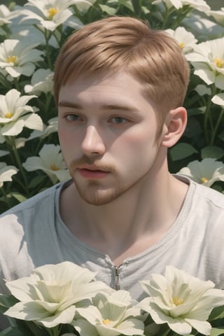 my favorite image of a handsome male miner near flowers, symmetry is excellent, highres image scan,  centrefold, professional  smooth clear clean image, no crop, exceptional well-generated symmetric perfect masculine (lantzer) male miner person, pale ginger short hair, undercut, softglow effect, matte, realistic,photorealistic,Masterpiece