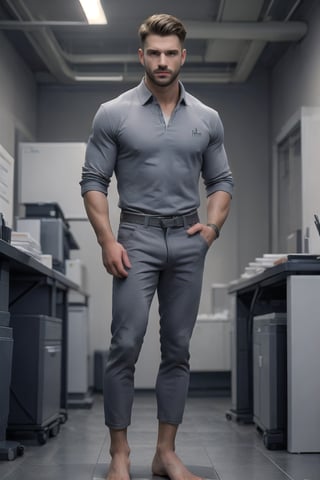 (realistic, photorealistic, adequate quality), a handsome  muscular Canadian manly man in style side-standing while focused at the office, excellent rendered fully-clothed, a shutterstock image, healthy, normal, highres image scan, associated press, firm focus, centrefold, no crop, full scene photo, worksafe, solo,jaeggernawt