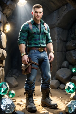 Deep within a cavernous lair, the intrepid explorer stands amidst a treasure trove, his worn jeans and flannel shirt bearing testament to his rugged exploits. Masculine boots firmly planted on the dusty earth, he unfurls a yellowed map, eyes widening in awe as ancient riches unfold before him. The isometric angle frames his weathered features - pale complexion, buzz cut, and unshaved face - as he blushes intensely at the discovery of glittering emeralds, rubies, and diamonds. Cinematic lighting bathes the scene in a warm, golden glow, while actionVFX elements infuse the air with fantastical realism. sh4wnman