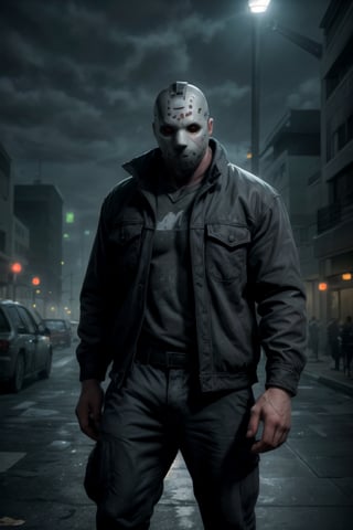 my favorite image of a huge trendy masked (jasonmale) in realistic large masculine trendywear (cross-walking) the urban street, own already described hands are large with own large fingers unclenched unclasped, street lights, city lights, neon lights at shops, skyscrapers, night light, night time, vehicles, people in sidewalk, alive, vivid image with depth of field, ((softglow effect)), vibrant matte colored chiaroscuro extremely smooth clear clean professional uhd image, highres image scan, centrefold, no crop,