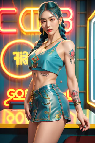 Prod1gy, a dashing slender thin Korean female model, her perfect striking feminine delicate body shoulders poses confidently amidst the vibrant atmosphere of a tattoo parlour. Her blue hair features braids and bling ornaments, complemented by her truly pale delicate Asian complexion highlighted by softglow-effect. She dons a well-rendered fully-clothed chav-inspired crop-top and plastic miniskirt, proudly displaying her new arm tattoos. The studio is set against the backdrop of intricate tattoo posters, objects, and faded professionals in the background. A majestic masterpiece, captured with precision using Leica's 85mm lens, under warm studio lighting, emphasizing every detail of this stunning image., ,HIGHLY DETAILED