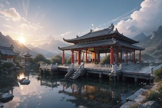 (8k, best quality, top level: 1.1), wide-angle lens:1.1,traditional architecture, high mountains and white clouds, clouds, ((Traditional Chinese Pavilion)), pilgrim,morning glow, sunrise, background, flowing water and detailed elements below. Desert