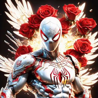 Realistic
Description of a [WARRIOR WHITE SPIDERMAN with WHITE wings] muscular arms, very muscular and very detailed, dressed in full body armor filled with red roses with ELECTRIC LIGHTS all over his body, bright electricity running through his body, full armor, letter medallion . H, H letters all over uniform, H letters all over armor, metal gloves with long sharp blades, swords on arms. , (metal sword with transparent fire blade).holding it in the right hand, full body, hdr, 8k, subsurface scattering, specular light, high resolution, octane rendering, field background,4 ANGEL WINGS,(4 ANGEL WINGS ), transparent fire sword, golden field background with red ROSES, fire whip held in his left hand, fire element, armor that protects the entire body, (SPIDERMAN) fire element, fire sword, golden armor, medallion with the letter H on the chest, WHITE SPIDERMAN, open field background with red roses, red roses on the suit, letter H on the suit, muscular arms,background Rain golden, (Rain money) sword fire H, escudo H,letter H Pendant, medalion letter H in the chest