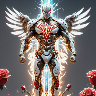 Realistic
Description of a [WARRIOR WHITE SPIDERMAN with WHITE wings] muscular arms, very muscular and very detailed, dressed in full body armor filled with red roses with ELECTRIC LIGHTS all over his body, bright electricity running through his body, full armor, letter medallion . H, H letters all over uniform, H letters all over armor, metal gloves with long sharp blades, swords on arms. , (metal sword with transparent fire blade).holding it in the right hand, full body, hdr, 8k, subsurface scattering, specular light, high resolution, octane rendering, field background,4 ANGEL WINGS,(4 ANGEL WINGS ), transparent fire sword, golden field background with red ROSES, fire whip held in his left hand, fire element, armor that protects the entire body, (SPIDERMAN) fire element, fire sword, golden armor, medallion with the letter H on the chest, WHITE SPIDERMAN, open field background with red roses, red roses on the suit, letter H on the suit, muscular arms,background Rain golden, (Rain money) sword fire H, escudo H,letter H Pendant, medalion letter H in the uniforme, hyper muscle