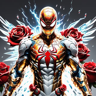 Realistic
Description of a [WARRIOR WHITE SPIDERMAN with WHITE wings] muscular arms, very muscular and very detailed, dressed in full body armor filled with red roses with ELECTRIC LIGHTS all over his body, bright electricity running through his body, full armor, letter medallion . H, H letters all over uniform, H letters all over armor, metal gloves with long sharp blades, swords on arms. , (metal sword with transparent fire blade).holding it in the right hand, full body, hdr, 8k, subsurface scattering, specular light, high resolution, octane rendering, field background,4 ANGEL WINGS,(4 ANGEL WINGS ), transparent fire sword, golden field background with red ROSES, fire whip held in his left hand, fire element, armor that protects the entire body, (SPIDERMAN) fire element, fire sword, golden armor, medallion with the letter H on the chest, WHITE SPIDERMAN, open field background with red roses, red roses on the suit, letter H on the suit, muscular arms,background Rain golden, Rain money,DonMR0s30rd3rXL 