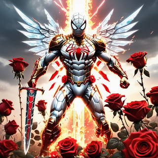 Realistic
Description of a [WARRIOR WHITE SPIDERMAN with WHITE wings] muscular arms, very muscular and very detailed, dressed in full body armor filled with red roses with ELECTRIC LIGHTS all over his body, bright electricity running through his body, full armor, letter medallion . H, H letters all over uniform, H letters all over armor, metal gloves with long sharp blades, swords on arms. , (metal sword with transparent fire blade).holding it in the right hand, full body, hdr, 8k, subsurface scattering, specular light, high resolution, octane rendering, field background,4 ANGEL WINGS,(4 ANGEL WINGS ), transparent fire sword, golden field background with red ROSES, fire whip held in his left hand, fire element, armor that protects the entire body, (SPIDERMAN) fire element, fire sword, golden armor, medallion with the letter H on the chest, WHITE SPIDERMAN, open field background with red roses, red roses on the suit, letter H on the suit, muscular arms,background Rain golden, (Rain money) sword fire H, escudo H