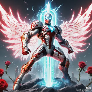 Realistic
Description of a [WARRIOR WHITE SPIDERMAN with WHITE wings] muscular arms, very muscular and very detailed, dressed in full body armor filled with red roses with ELECTRIC LIGHTS all over his body, bright electricity running through his body, full armor, letter medallion . H, H letters all over uniform, H letters all over armor, metal gloves with long sharp blades, swords on arms. , (metal sword with transparent fire blade).holding it in the right hand, full body, hdr, 8k, subsurface scattering, specular light, high resolution, octane rendering, field background,4 ANGEL WINGS,(4 ANGEL WINGS ), transparent fire sword, golden field background with red ROSES, fire whip held in his left hand, fire element, armor that protects the entire body, (SPIDERMAN) fire element, fire sword, golden armor, medallion with the letter H on the chest, WHITE SPIDERMAN, open field background with red roses, red roses on the suit, letter H on the suit, muscular arms,background Rain golden, (Rain money) sword fire H, escudo H,letter H Pendant, medalion letter H in the uniforme, hyper muscle,cat