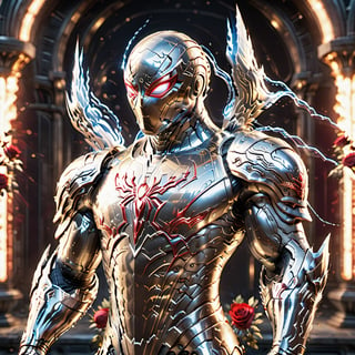 Realistic
Description of a [WARRIOR WHITE SPIDERMAN with WHITE wings] muscular arms, very muscular and very detailed, dressed in full body armor filled with red roses with ELECTRIC LIGHTS all over his body, bright electricity running through his body, full armor, letter medallion . H, H letters all over uniform, H letters all over armor, metal gloves with long sharp blades, swords on arms. , (metal sword with transparent fire blade).holding it in the right hand, full body, hdr, 8k, subsurface scattering, specular light, high resolution, octane rendering, field background,4 ANGEL WINGS,(4 ANGEL WINGS ), transparent fire sword, golden field background with red ROSES, fire whip held in his left hand, fire element, armor that protects the entire body, (SPIDERMAN) fire element, fire sword, golden armor, medallion with the letter H on the chest, WHITE SPIDERMAN, open field background with red roses, red roses on the suit, letter H on the suit, muscular arms,fondo lluvia de oro