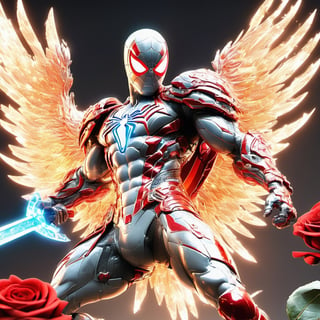 Realistic
Description of a [WARRIOR WHITE SPIDERMAN with WHITE wings] muscular arms, very muscular and very detailed, dressed in full body armor filled with red roses with ELECTRIC LIGHTS all over his body, bright electricity running through his body, full armor, letter medallion . H, H letters all over uniform, H letters all over armor, metal gloves with long sharp blades, swords on arms. , (metal sword with transparent fire blade).holding it in the right hand, full body, hdr, 8k, subsurface scattering, specular light, high resolution, octane rendering, field background,4 ANGEL WINGS,(4 ANGEL WINGS ), transparent fire sword, golden field background with red ROSES, fire whip held in his left hand, fire element, armor that protects the entire body, (SPIDERMAN) fire element, fire sword, golden armor, medallion with the letter H on the chest, WHITE SPIDERMAN, open field background with red roses, red roses on the suit, letter H on the suit, muscular arms,background Rain golden, (Rain money) sword fire H, escudo H,letter H Pendant, medalion letter H in the uniform