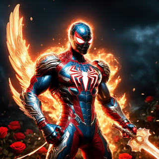 Realistic
Description of a [WARRIOR WHITE SPIDERMAN with WHITE wings] muscular arms, very muscular and very detailed, dressed in full body armor filled with red roses with ELECTRIC LIGHTS all over his body, bright electricity running through his body, full armor, letter medallion . H, H letters all over uniform, H letters all over armor, metal gloves with long sharp blades, swords on arms. , (metal sword with transparent fire blade).holding it in the right hand, full body, hdr, 8k, subsurface scattering, specular light, high resolution, octane rendering, field background,4 ANGEL WINGS,(4 ANGEL WINGS ), transparent fire sword, golden field background with red ROSES, fire whip held in his left hand, fire element, armor that protects the entire body, (SPIDERMAN) fire element, fire sword, golden armor, medallion with the letter H on the chest, WHITE SPIDERMAN, open field background with red roses, red roses on the suit, letter H on the suit, muscular arms,background Rain golden, (Rain money) sword fire H, escudo H,letter H Pendant, medalion letter H in the uniforme, hyper muscle,cat,DonMASKTexXL, 