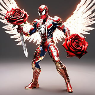 Realistic
Description of a [WHITE SPIDERMAN with WHITE wings] muscular arms, very muscular and very detailed, dressed in full body armor filled with red roses with ELECTRIC LIGHTS all over his body, bright electricity running through his body, full armor, letter medallion . H, H letters all over uniform, H letters all over armor, metal gloves with long sharp blades, swords on arms. , (metal sword with transparent fire blade).holding it in the right hand, full body, hdr, 8k, subsurface scattering, specular light, high resolution, octane rendering, field background, ANGEL WINGS,(ANGEL WINGS ), transparent fire sword, golden field background with red ROSES, fire whip held in his left hand, fire element, armor that protects the entire body, (SPIDERMAN) fire element, fire sword, golden armor, medallion with the letter H on the chest, WHITE SPIDERMAN, open field background with red roses, red roses on the suit, letter H on the suit, muscular arms,neon photography style