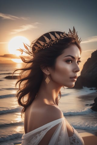 high quality, 8K Ultra HD, A beautiful double exposure that combines an goddess silhouette with sunset coast, sunset beach should serve as the underlying backdrop, with its details incorporated into the goddess , crisp lines, The background is monochrome, sharp focus, double exposure, by yukisakura, awesome full color, the scene nide the lady's body