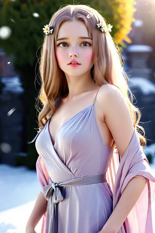 Front view , Autumn style, yellow flowers blooming, depth of field, lighting bokeh as background, pink and white long transparent Boss dress, 1girl, snow-white delicate skin, long light brown curly hair, and a silver hairpin on her head. The blue eyes are a deep lavender color big and charming, wearing  long red scaf, Wrap around the neck and cover the chest, With pale pink lips, charming and cute. FilmGirl, xxmix_girl, detailed eyes, perfact blur eyes, mouth small,  full body,  3d style, light bokeh backgroud,3d style,isni,Movie Still,3d,3d render,Realism,flash,Masterpiece,photorealistic