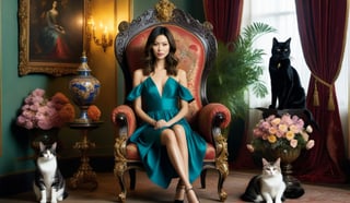 beautiful woman sitting on a chair with a cat and a vase, on her throne, Summer GLAU, Mary Elizabeth Winstead, sitting on her throne, kiera chivalrous at rest, Gemma
Chan beautiful girl, Jenna Coleman, sitting on the throne, gal Gadot as lord of hell, on a baroque throne,style of dreamypetra,newhorrorfantasy_style