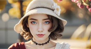 Front view , Autumn style, yellow flowers blooming, depth of field, lighting bokeh as background, pink and white long Boss dress, 1girl, snow-white delicate skin, long light brown curly hair, and a silver hairpin on her head. The eyes are a deep lavender color big and charming, wearing pink and white long Boss dress, and long scaf, Wrap around the neck and cover the chest, full of mysterious stories. With pale pink lips, charming and cute. FilmGirl, xxmix_girl, detailed eyes, perfact eyes, mouth small,  3d style, light bokeh backgroud,3d style,isni,Movie Still,3d,3d render, 