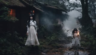 (two lolis, (scary appearance, long black hair, battered and disheveled hair), (white eyes, white sclera), ( style of fatal frame),(scenes in a large, run-down and scary traditional Japanese village),(gloomy and dark village),(scary village),(mysterious and supernatural  world), different locations, 
(sexy ghost girls,sensual feminine spirits,sexy naughty vampires,pretty living doll),
teenage girls,dynamic poses,adventures,((daytime scene,daytime,poor lighting,daylight),(cloudy weather),(rainy weather),
gloomy and dark places,dark and scary forest,spooky landscapes,
puddles of water,dust,smoke,fire,steam,fog, mist,(shadowy and dark environments),(terrifying landscapes),outdoor and indoor scenes,terrifying and supernatural aesthetics,
traditional japanese aesthetics,horror aesthetic,perfect lighting,shadows,
sharp focus,centered shot,slide shot, full - shot, full-shot,a wide full shot,in a medium full shot,great contrast, great sharpness, 8k high definition, insanely detailed, intricate, masterpiece, highest, quality, photo-realistic,