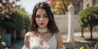 Front view , Autumn style, yellow flowers blooming, depth of field, lighting bokeh as background, pink and white long transparent Boss dress, 1girl, snow-white delicate skin, long light brown curly hair, and a silver hairpin on her head. The blue eyes are a deep lavender color big and charming, wearing  long red scaf, Wrap around the neck and cover the chest, With pale pink lips, charming and cute. FilmGirl, xxmix_girl, detailed eyes, perfact blur eyes, mouth small,  full body,  3d style, light bokeh backgroud,3d style,isni,Movie Still,3d,3d render,Realism,flash,Masterpiece,photorealistic