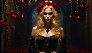 ((photorealistic)),  Professional photo of (a beautiful young goth girl smiling) , succubus  prostitute with gothic appearance, 
chained to to the wall, with little red horns and long hair,
full body, chains, terror, succubus, dark erotica, little red horns, Red Rose petals, long blonde hair, long black hair, 
beautiful fine bodies, correct faces, correct facial expresions, correct anatomy, correct scale,
Three-dimensional effect (Ultra-realistic), (highly detailed environment),  disturbing atmosphere,  horror,  perfect lighting,  (vintage style),  (horror style), 
high contrast, great sharpness,
correct proportion between characters and the background, correct body proportions,
sharp body, highly detailed body, highly detailed face, perfect lighting, shadows, sharp focus, centered shot, a wide full shot, 
8k high definition, insanely detailed, intricate, masterpiece, highest, quality, photo-realistic,more detail XL
