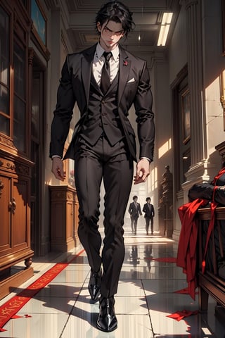 Muscular man with strong jaw black hair very pale skin and red eyes wearing a black and business suit, (Masterpiece), (4k), Enhance, (red eyes),niji, ((business suit)), dark fantasy,Dark fantasy v2, 1guy, glare, (Full body), ((very pale skin)), (black suit)