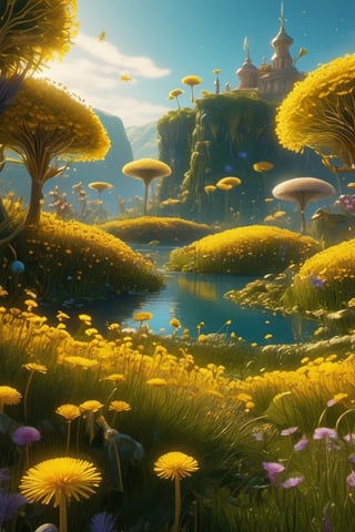 fairy spring , painting, golden lines ,  best quality,   fantasy,  detailed   well-dressed flying pixie garden faeries on a dandelion flowers ,  
dandelion  flowers  , sunrise ,   river , 2d, flat, cute, adorable, fairytale, storybook detailed,  illustration, cinematic,  ultra highly detailed  , tiny details, luminism, ,vibrant colors ,  complex background ,Renaissance Sci-Fi Fantasy
