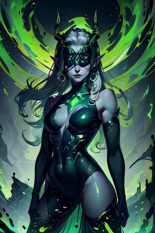 ((masterpiece,best quality)), absurdres,, Shemira_AFK, pointy ears, covered eyes, green glow, grey skin, magic, thighs, long dress, smug, upper body, ,contrapposto, cinematic composition, dynamic pose, ,High detailed 