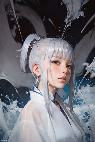 (masterpiece, top quality, best quality, official art, beautiful and aesthetic:1.2), (1girl:1.2), cute, extreme detailed,(abstract:1.4, fractal art:1.3),(silver_hair:1.1), fate \(series\), colorful,highest detailed, fire, ice, lightning, (splash_art:1.2), jewelry:1.4, hanfu, ,  scenery, ink,ASU1,horror