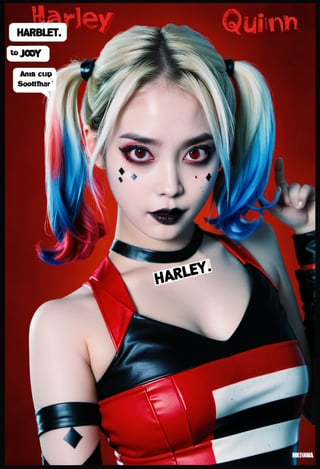 Movie Poster page "harley quinn". (cosplay harley quinn) ,(black lips:1.3)(red eyes:1.3))
text: "harley quinn".,kim youjung,ct-virtual,sooyaaa,iu,dlwlrma