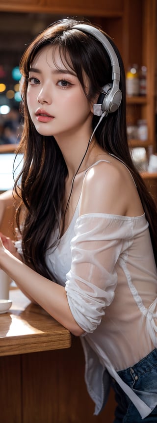 A Korean beauty, 25 years old, solo, wearing a white sheer shirt, one shoulder, leaning on the bar, wearing headphones, holding her cheek with one hand, black super long hair, clear hair, tired expression, looking lazily at the camera, Ultra wide angle, backlight, light and dark effects, realistic style,