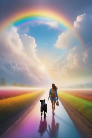 The road to heaven is a rainbow in the semi-cloudy sky, mist, a beautiful young woman and her dog walk through the rainbow, bright colors, very illuminated, hyperrealistic, lots of definition, cinematic, photographic, soft contrasts, 8k.