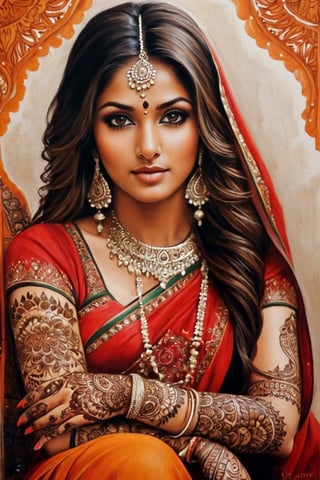 Beautiful Indian art. A painting of a beautiful Indian woman, with Mehndi henna tattoos. by dreamer, photorealistic, taken from a movie, everything very detailed, face, body, gives a sensation of realism