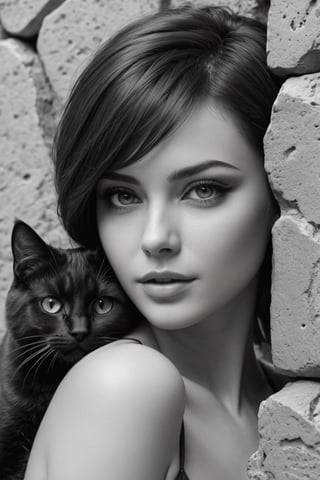 A beautiful young woman with short hair poses next to the face of a cat, (((drawn on a stone wall in the form of graffiti))),

(((black and white drawing))),

Dirk Dzimirsky, Jeanette Sirois,



very detailed face, porosity,

Ultra High Definition,

realistic,

vivid colors,

Very detailed,

UHD drawing,

pen and ink,

perfect composition,

Beautiful, detailed, intricate and incredibly detailed octane rendering that is trending on artstation,

8k art photography,

photorealistic conceptual art,

Smooth natural volumetric cinematic perfect light,

(((black and white art, photorealistic)))