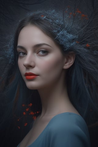 a colorful digital artwork of the head and branches of a beautiful woman, in the style of haunted houses, elegant surrealism, depictions of urban life, dark sky blue and orange, portraits with hidden meanings, cartoon illustrations, the metropolis meets nature,4k.