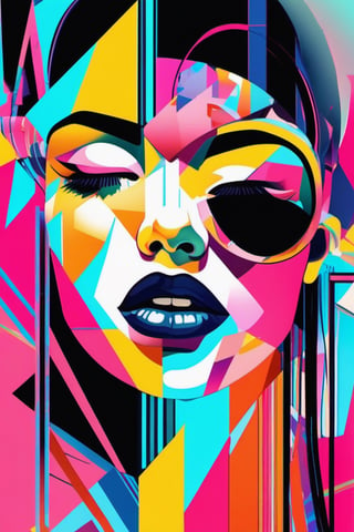 Create a work of beautiful young face, noisy and glitchy art that focuses on the interplay between distortion and caricature, embodying the chaotic and abrasive style of Breakcore. It incorporates pop tones and bold lines to build a surreal and disorienting, feminine, mysterious piece. lots of color, fine lines, details, surreal beauty, 4k