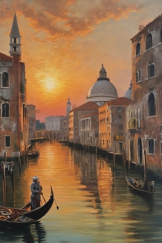 Landscape painting of ancient Venice,large canal,

man on his gondola,

Beautiful sunset,

the sun reflects on the water,

bucolic afternoon over Venice,



Italy. saws. city ​​in the background. wide angle. High detail. paint on canvas,

very detailed reflections,

a painting by the best painter on canvas,

of exposition,