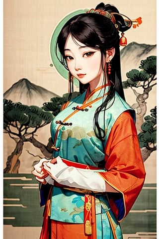 Images of ladies in the ancient style of traditional Chinese painting, Dong Yuan, Li Cheng, Huang Gongwang, elegant master paintings.
