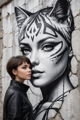 A beautiful young woman with short hair poses next to the face of a cat, (((drawn on a stone wall in the form of graffiti))),

(((black and white drawing))),

Dirk Dzimirsky, Jeanette Sirois,



very detailed face, porosity,

Ultra High Definition,

realistic,

vivid colors,

Very detailed,

UHD drawing,

pen and ink,

perfect composition,

Beautiful, detailed, intricate and incredibly detailed octane rendering that is trending on artstation,

8k art photography,

photorealistic conceptual art,

Smooth natural volumetric cinematic perfect light,

(((black and white art, photorealistic)))
