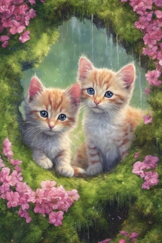 Two little cats open a hole in a mossy stone wall, while the rain continues to fall,

very detailed texture, of great pictorial beauty,

pastel colors, sun and shadows,

photorealistic,

small pink flowers little fern leaves artistic fantasy with painterly texture,

of great beauty and tenderness,ink 